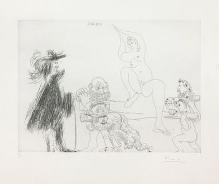 Gravure Picasso - Quatre portefaix apportant a un gentilhomme une jeune femme sur une litiere