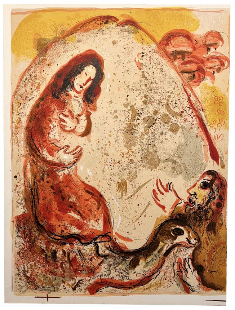 Lithographie Chagall - RACHEL DÉROBE LES IDOLES DE SON PÈRE (Dessins pour la Bible, 1960)