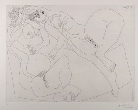 Gravure Picasso - Repos, Deux jeunes filles bavardant, 1970