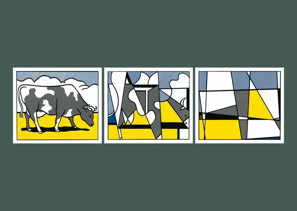 Lithographie Lichtenstein - Roy Lichtenstein: 'Cow Going Abstract' 1982 Offset-lithograph Triptych Set