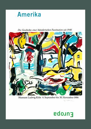 Lithographie Lichtenstein - Roy Lichtenstein 'Figures and Landscape' Original 1986 Hand Signed Pop Art Poster Print