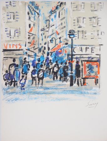 Lithographie Savary - Rue animée dans le Marais