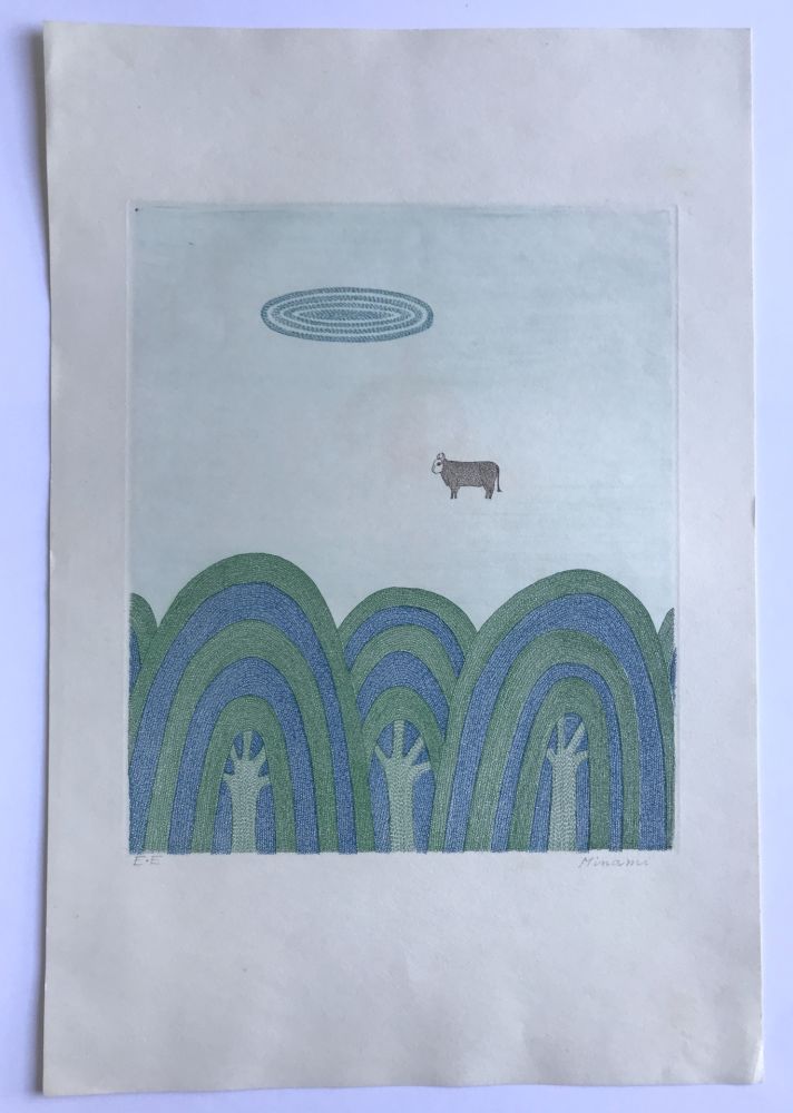 Aquatinte Minami - Sans titre (3 arbres et 1 vache)