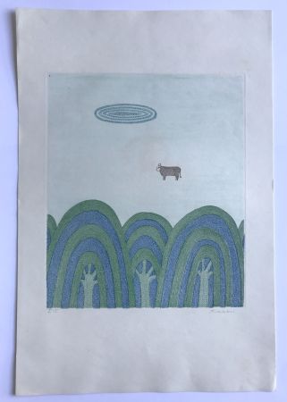 Aquatinte Minami - Sans titre (3 arbres et 1 vache)