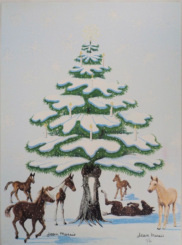 Lithographie Marais  - Sapin de Noel enneigé et Chevaux