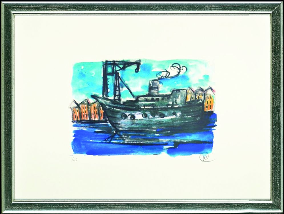 Lithographie Lüpertz - Schiff im Hafen