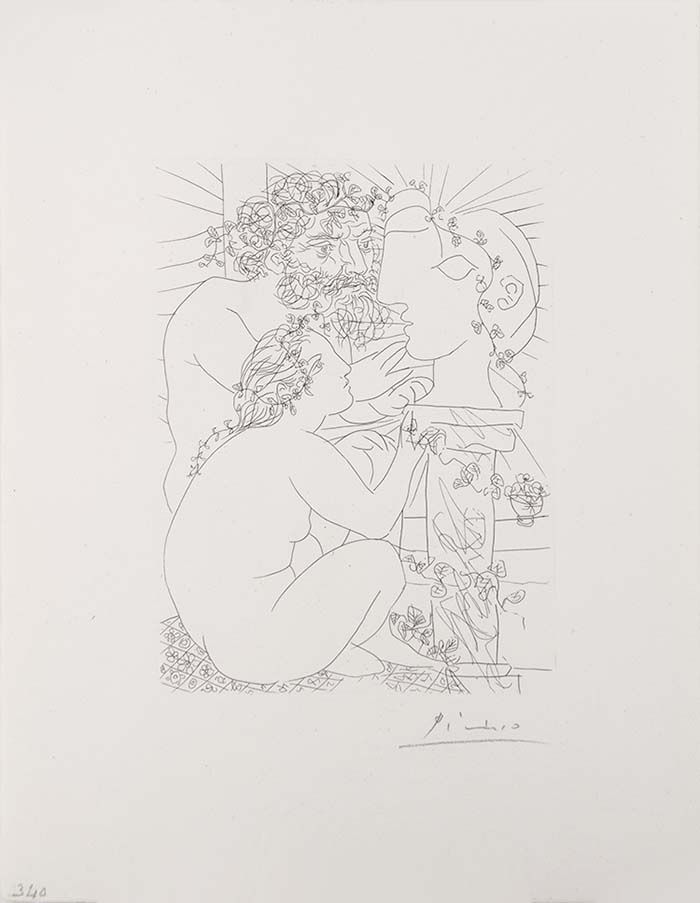 Gravure Picasso - Sculpteur Avec Son Modele, Sa Sculpture Et Un Bol D'Anemones (Sculptor with His Model, His Sculpture, and a Bowl of Anemones) from the Vollard Suite