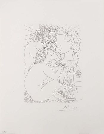 Gravure Picasso - Sculpteur Avec Son Modele, Sa Sculpture Et Un Bol D'Anemones (Sculptor with His Model, His Sculpture, and a Bowl of Anemones) from the Vollard Suite