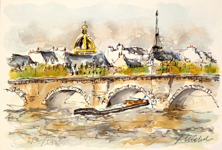 Lithographie Huchet - Seine et Tour Eiffel