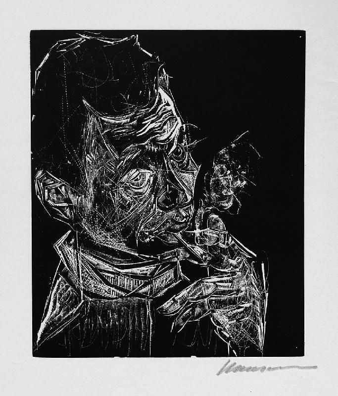 Gravure Sur Bois Hansen-Bahia - Selbstbildnis, rauchend / Self-Portrait, Smoking