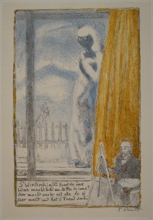 Lithographie Amiet - Selbstbildnis vor der Staffelei (Winterbild)