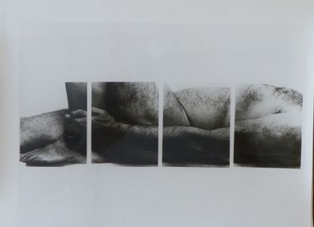 Photographie Coplans - Selfportrait lying figure, holding leg, four panels