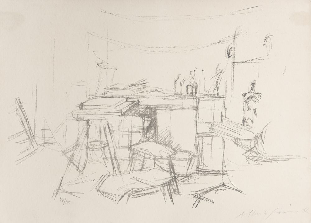 Lithographie Giacometti - Sellette et tabourets dans l'atelier I