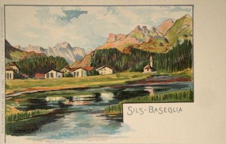 Lithographie Giacometti - Sils-Baseglia / Samaden / Sils-Maria / Silva Plana mit Piz Margna / Maloja / Der Schafberg