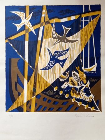Lithographie Unknown - Simon Chaye(n.1930) - Composition with Birds, 1970s, Hand signed  Lithograph
