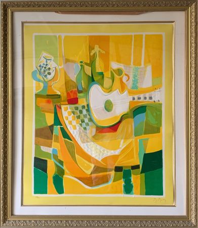 Eau-Forte Et Aquatinte Mouly - Still Life in Yellow with Guitar