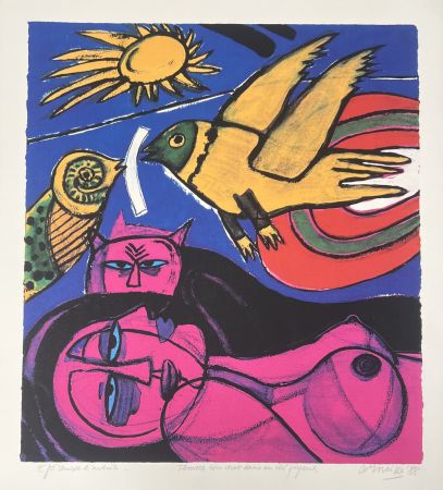 Sérigraphie Corneille - Sérigraphie Femme avec chat dans un été joyeux, 1988