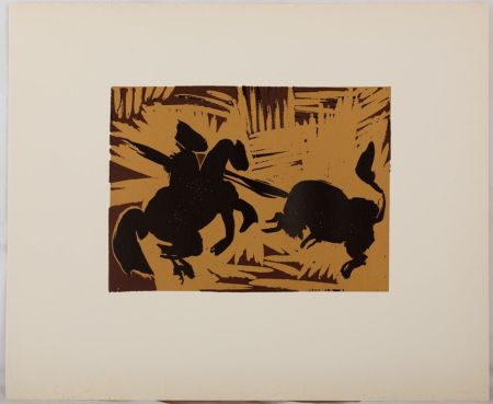 Linogravure Picasso - Taureau attaquant un picador (la pique)