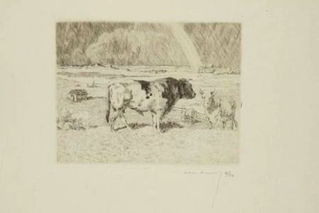 Gravure Lunois - Taureau dans un pré / Bull in a Meadow