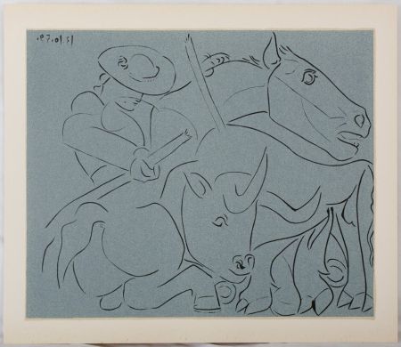 Linogravure Picasso - Taureau désarmant un picador (La pique cassée)