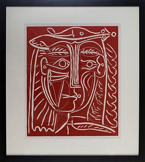 Linogravure Picasso - Tete De Femme Au Chapeau, Paysage Avec Baigneurs