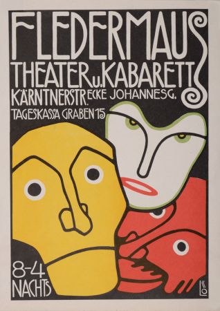 Lithographie Löffler - Three Masks, Fledermaus Theater and Cabaret, 1907