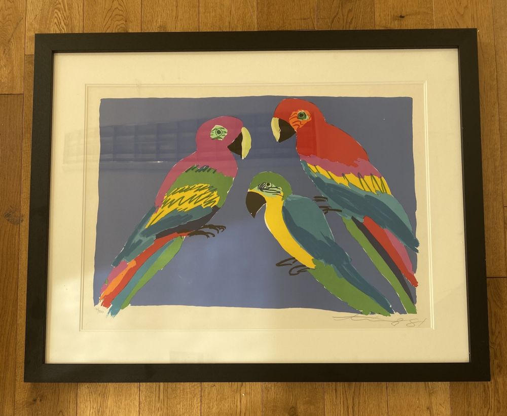 Linogravure Ting - Three Parrots 