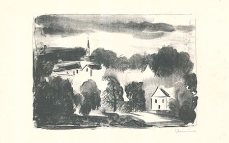 Lithographie Vlaminck - Théméricourt le clocher dans les arbres