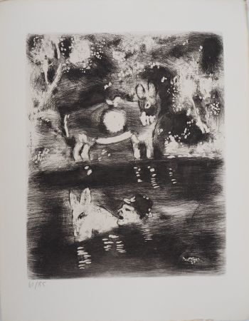 Gravure Chagall - Traversée de la rivière (L'âne chargé d'éponges et l'âne chargé de sel)