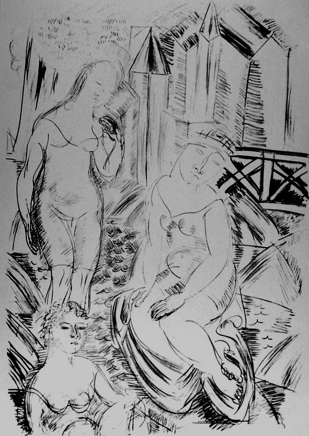 Lithographie Dufy - Trois baigneuses devant le port de Sainte-Adresse