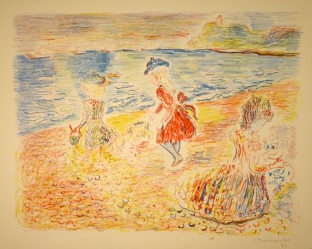 Lithographie Terechkovich - Trois enfants sur une plage / Drei spielende Mädchen am Strand