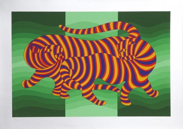 Sérigraphie Vasarely - Two Tigers on Green