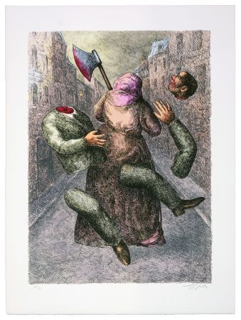 Lithographie Topor - Une jeune femme nocturne a asséné un coup de hache à A.Renaudy, dans un cabaret du boulevard Rochechouart, puis est partie