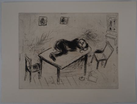 Gravure Chagall - Une sieste spartiate, (Tchitchikov couchait au bureau)