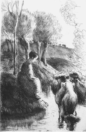 Eau-Forte Pissarro - Vachère au bord de l'eau