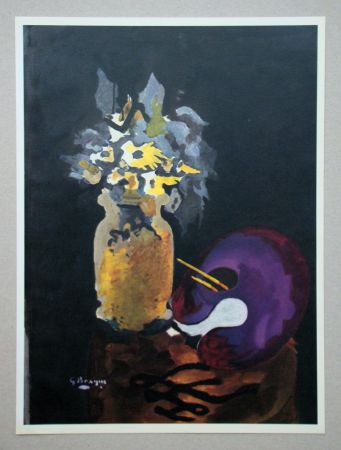 Lithographie Braque (After) - Vase de fleurs jaune et palette