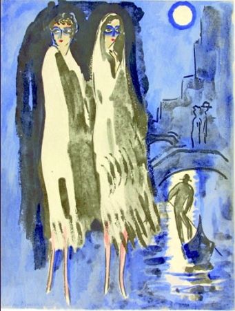 Pochoir Van Dongen - Venise- Two Woman at night