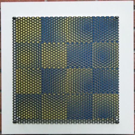 Gravure Sur Bois Asis - Vibration 16 carres bleu et jaune