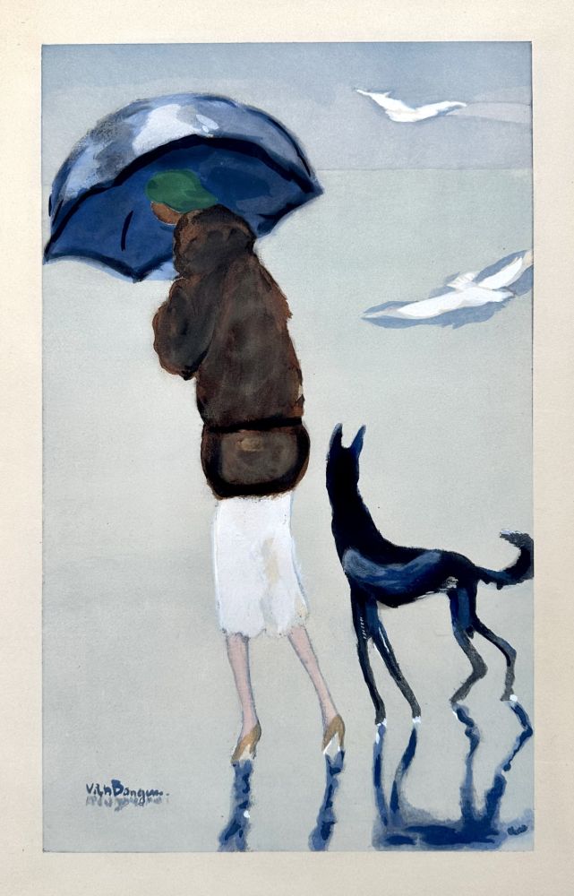 Pochoir Van Dongen - Woman with a dog on the Beach