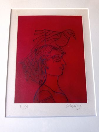 Eau-Forte Et Aquatinte Corneille - Woman with Bird, Hand-signed Etching in color