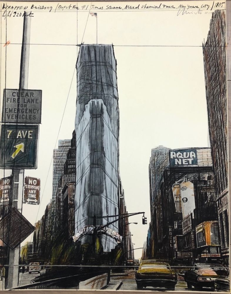 Lithographie Christo - Wrapped building, project for 1 Times Square, New York