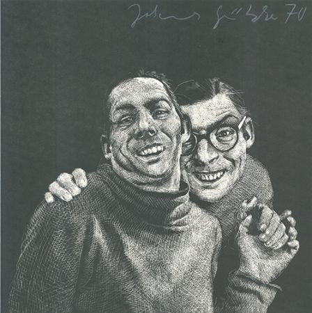 Linogravure Grützke - Zwei Männer