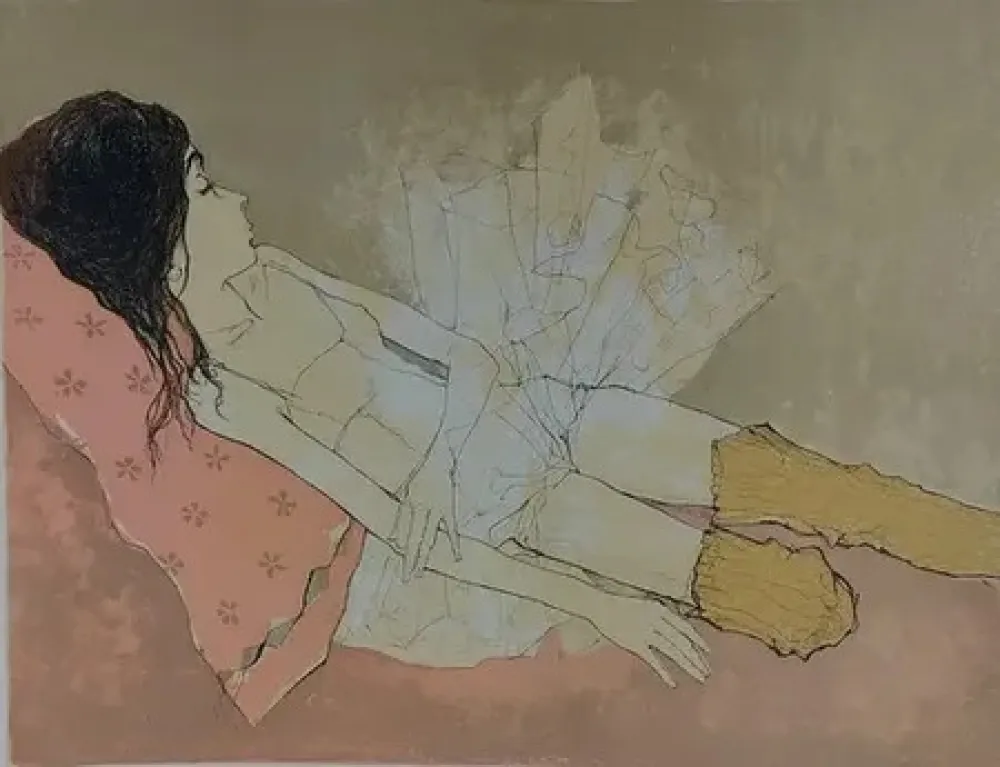 Lithographie Jansem - Ophelie au coussin rose (1993)