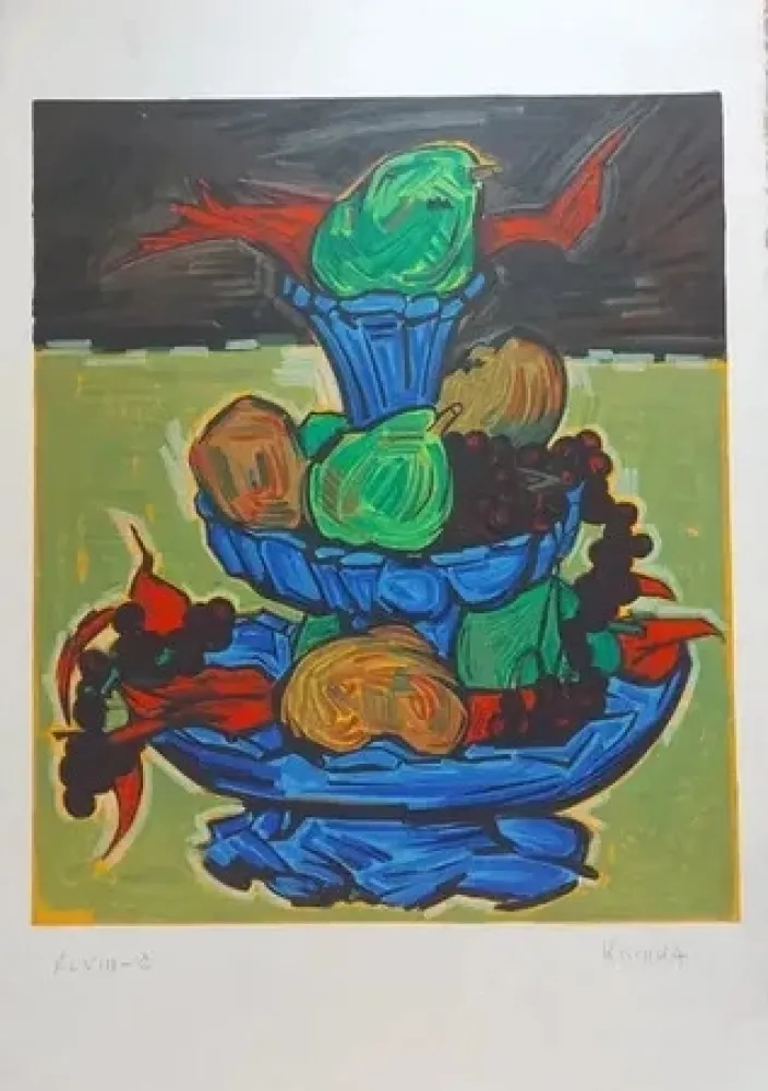Lithographie Kischka - Nature morte au compotier bleu (1972)