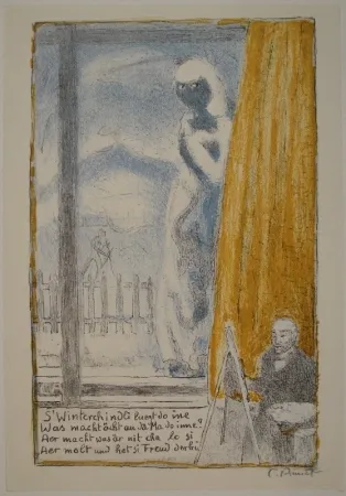 Lithographie Amiet - Selbstbildnis vor der Staffelei (Winterbild)