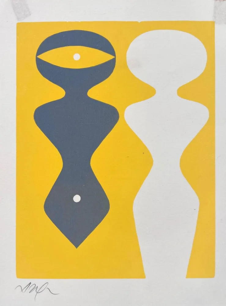 Gravure Sur Bois Arp - Deux figures sur fond jaune 