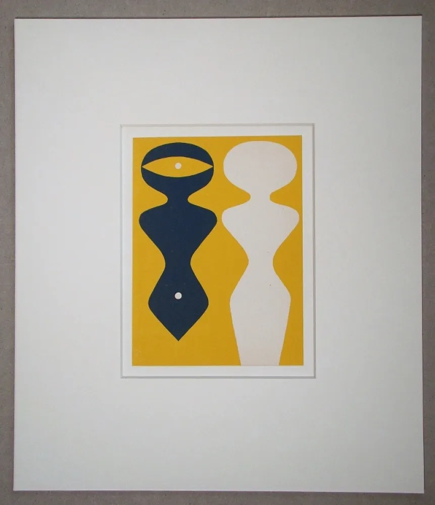 Gravure Sur Bois Arp - Deux figures sur fond jaune