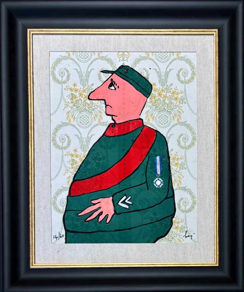Gravure Baj - Enrico Baj (1924–2003) – Caporal – Color etching and collage on brocade – 1972