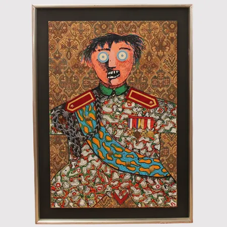 Aucune Technique Baj - Enrico Baj ( 1924 – 2003 ) – Le stratége militaire Sahuguet d'Amarzit d'Espagnac – Mixed media with passamentrie and collage on brocade with originals medals and pins - 1971