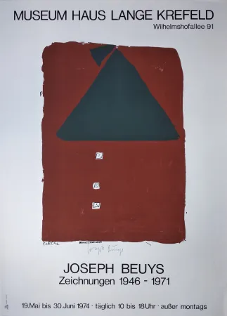 Sérigraphie Beuys - „Museum Haus Lange Krefeld. Wilhelmshofallee 91. Joseph Beuys. Zeichnungen 1946-1971. 19. Mai bis 30. Juni 1974 · täglich 10 bis 18 Uhr · ausser montags“.